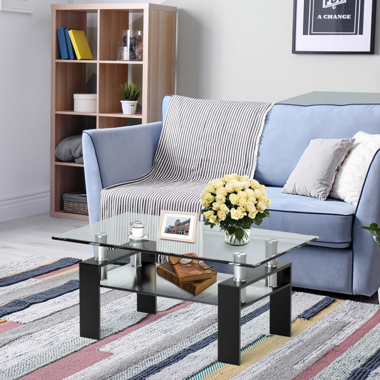 Rectangle Glass Coffee Table with Metal Legs for Living Room-BlackCostway Gallery View 6 of 10