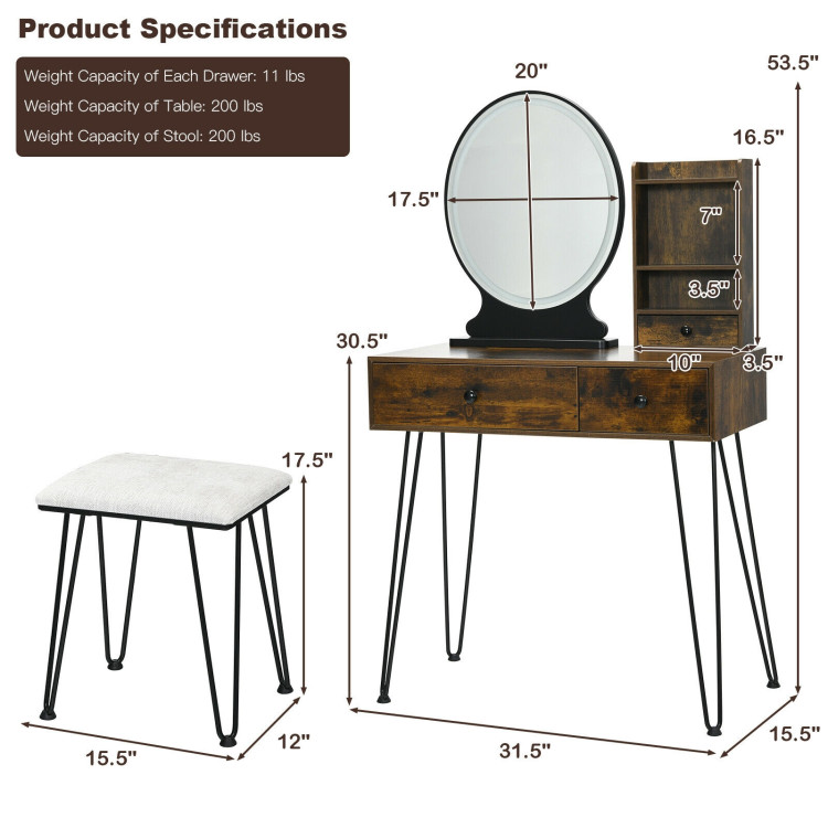 Vanity Table Set with Lighted Mirror and Cushion Stool-BrownCostway Gallery View 4 of 9