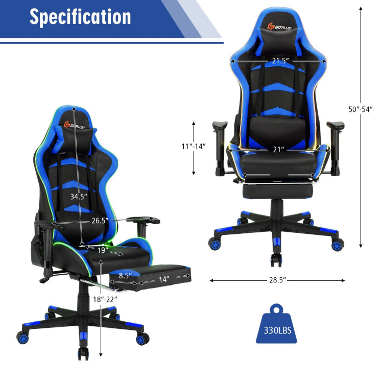 Massage LED Gaming Chair with Lumbar Support and Footrest-BlueCostway Gallery View 4 of 10