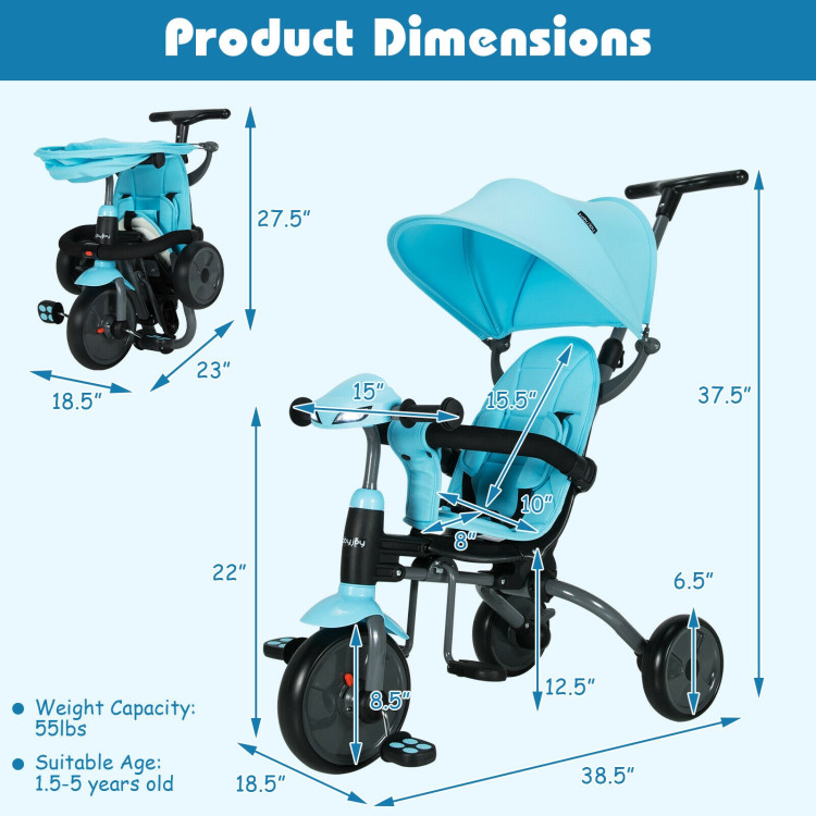 6-in-1 Foldable Baby Tricycle Toddler Stroller with Adjustable Handle-BlueCostway Gallery View 4 of 10