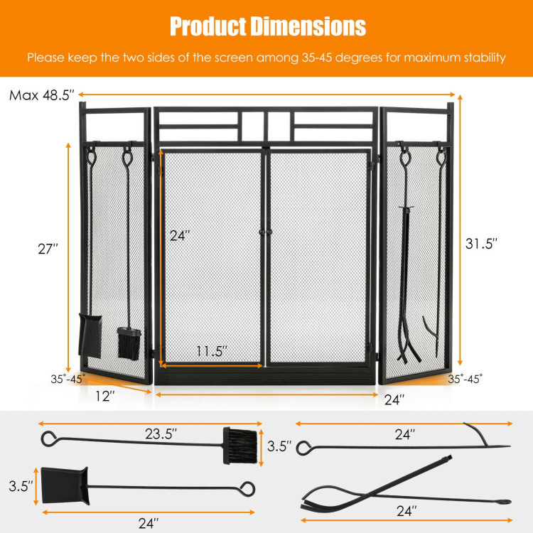3-Panel Folding Wrought Iron Fireplace Screen with Doors and 4 Pieces Tools Set-BlackCostway Gallery View 4 of 10