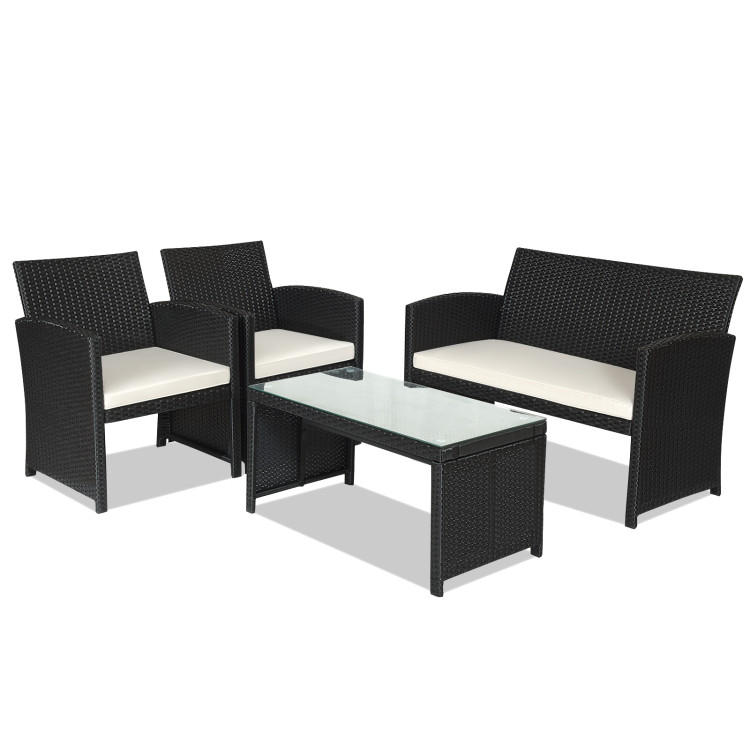 4 Pieces Rattan Patio Furniture Set with Weather Resistant Cushions and Tempered Glass Tabletop - Gallery View 1 of 9