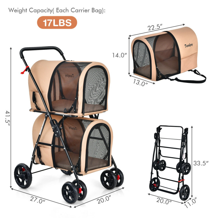 4-in-1 Double Pet Stroller with Detachable Carrier and Travel Carriage-BeigeCostway Gallery View 5 of 9