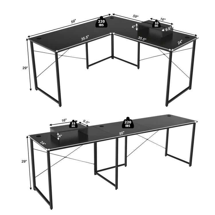 95 Inch 2-Person L-Shaped Long Reversible Computer Desk with Monitor Stand-BlackCostway Gallery View 5 of 11