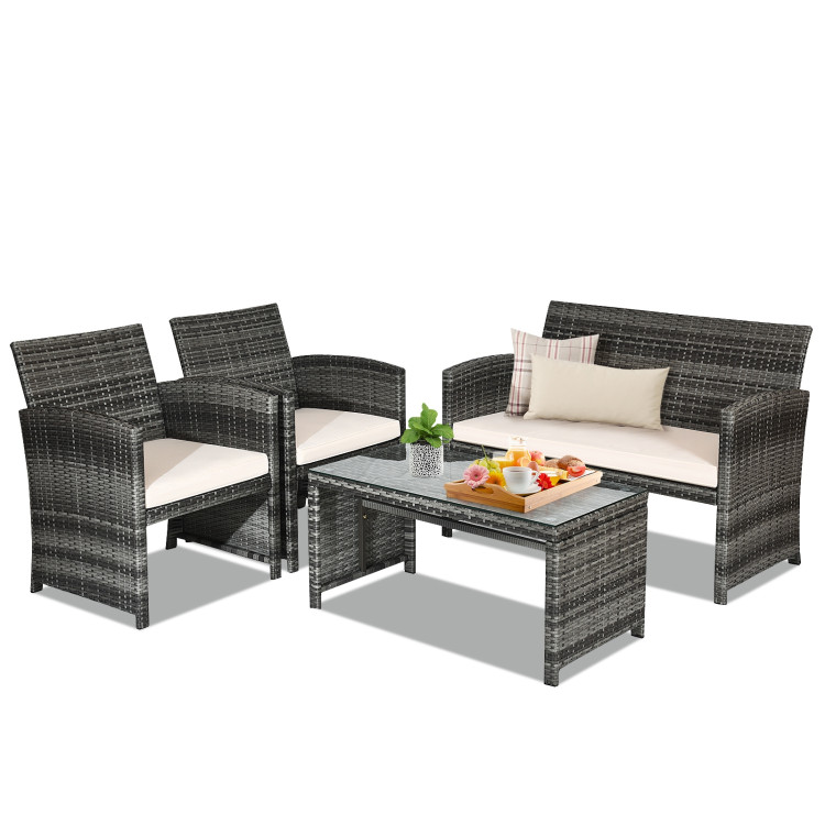 4 Pcs Patio Rattan Furniture Set Top Sofa With Glass Table-WhiteCostway Gallery View 7 of 10