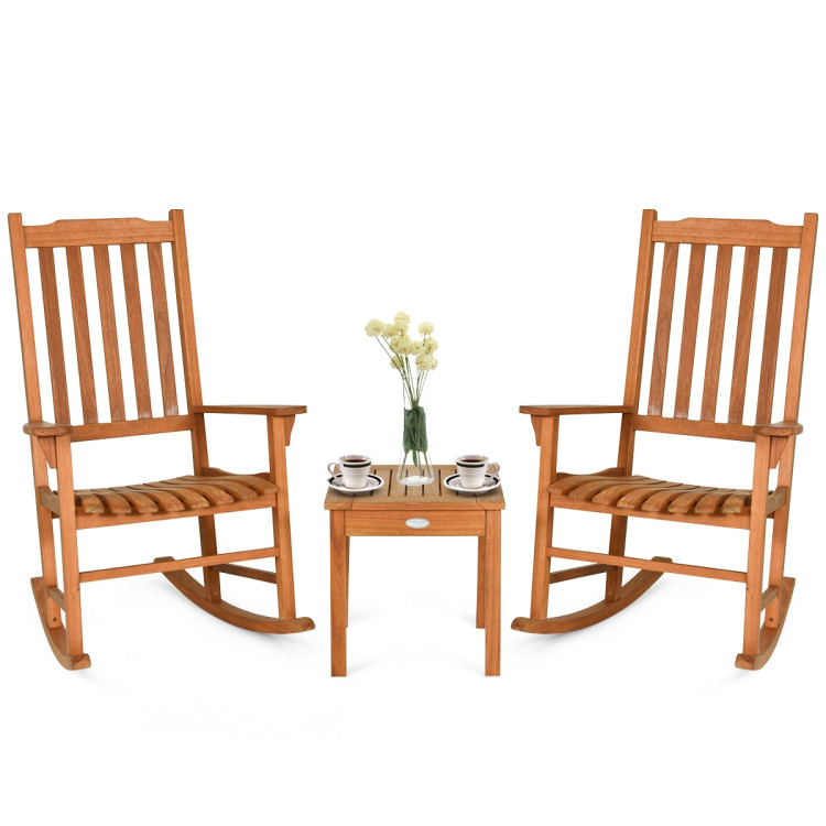 3 Pieces Eucalyptus Rocking Chair Set with Coffee Table Costway Gallery View 4 of 10