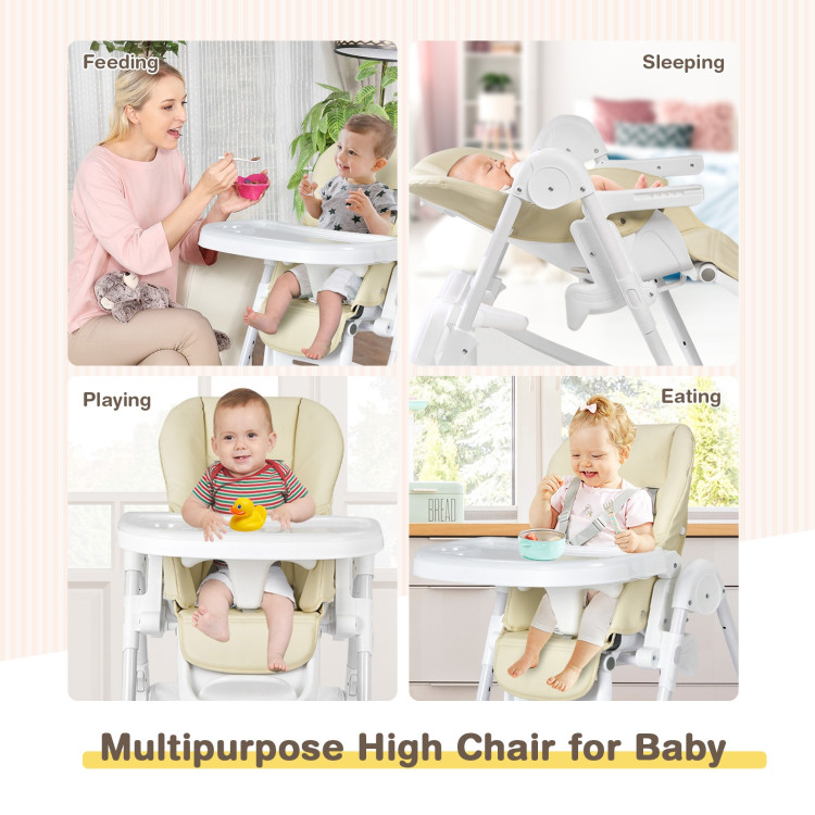 Baby Convertible Folding Adjustable High Chair with Wheel Tray Storage Basket -BeigeCostway Gallery View 3 of 14