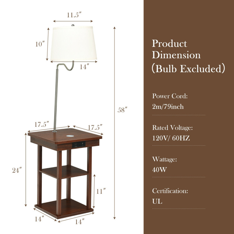 Floor Lamp Bedside Desk with USB Charging Ports Shelves-BrownCostway Gallery View 4 of 8