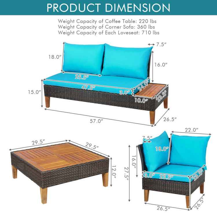 4 Pieces Patio Cushioned Rattan Furniture Set with Wooden Side Table-TurquoiseCostway Gallery View 4 of 9
