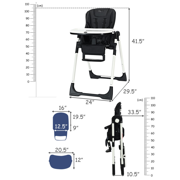 Foldable High chair with Multiple Adjustable Backrest-BlackCostway Gallery View 4 of 9