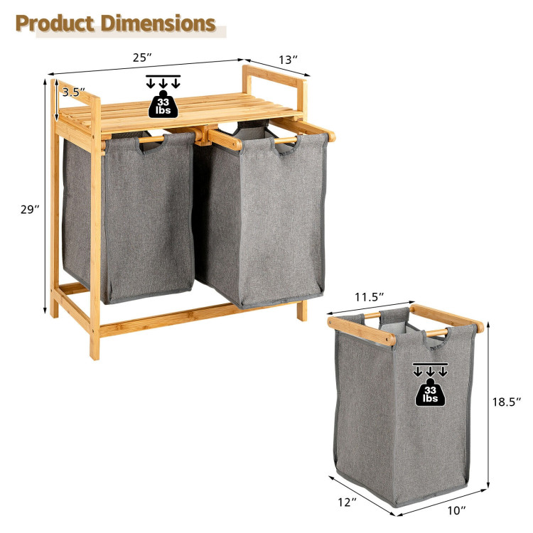 Bamboo Laundry Hamper with Dual Compartments Laundry Sorter and Sliding Bags-NaturalCostway Gallery View 4 of 11