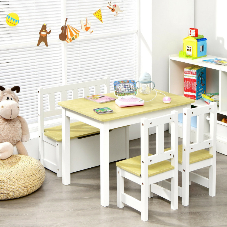 4 Pieces Kids Wooden Activity Table and Chairs Set with Storage Bench and Study Desk-NaturalCostway Gallery View 1 of 12