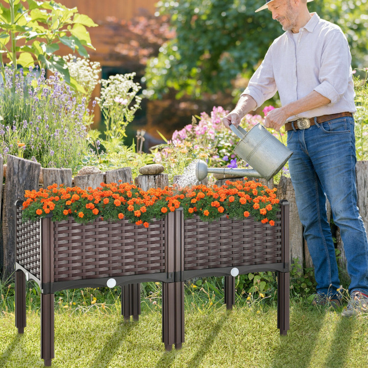 2 Set Elevated Plastic Raised Garden Bed Planter Kit for Flower Vegetable Grow-BrownCostway Gallery View 2 of 10