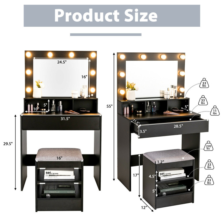 Vanity Table Set with Lighted Mirror and Cushion Stool-BlackCostway Gallery View 4 of 11