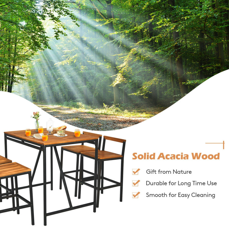 5 Pieces Outdoor Acacia Wood and PE Rattan Bar SetCostway Gallery View 3 of 11
