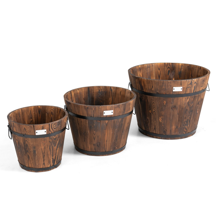 3 Pieces Wooden Planter Barrel Set with Multiple SizeCostway Gallery View 1 of 10
