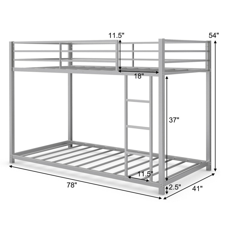Sturdy Metal Bunk Bed Frame Twin Over Twin with Safety Guard Rails and Side Ladder-SilverCostway Gallery View 5 of 13