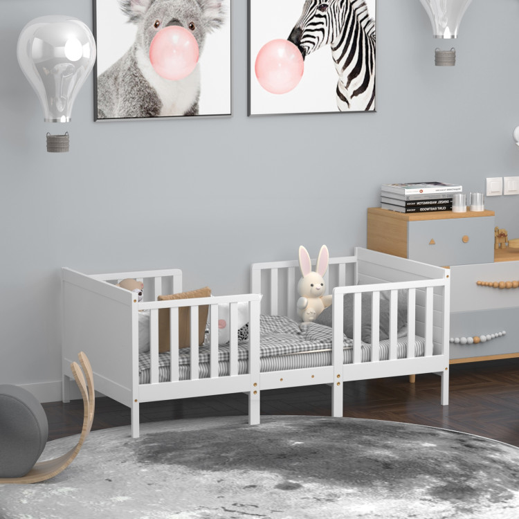 2-in-1 Convertible Kids Wooden Bedroom Furniture with Guardrails-WhiteCostway Gallery View 7 of 12