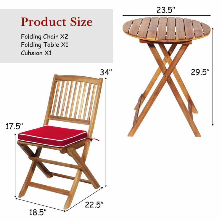 3 Pieces Patio Folding Bistro Set with Padded Cushion and Round Coffee Table-RedCostway Gallery View 4 of 12