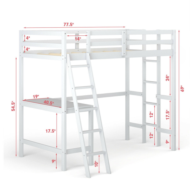 Twin Size Loft Bed Frame with Desk Angled and Built-in Ladder-WhiteCostway Gallery View 4 of 12
