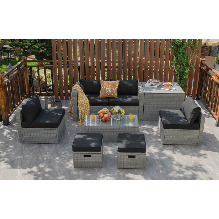 8 Pieces Patio Rattan Furniture Set with Storage Waterproof Cover and Cushion-BlackCostway Gallery View 6 of 11