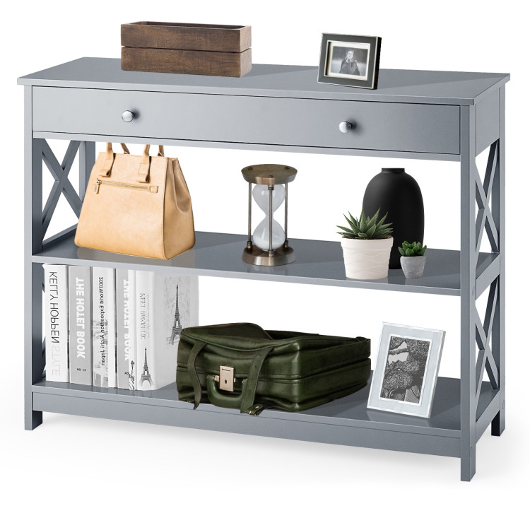 Console Table 3-Tier with Drawer and Storage Shelves-GrayCostway Gallery View 3 of 10