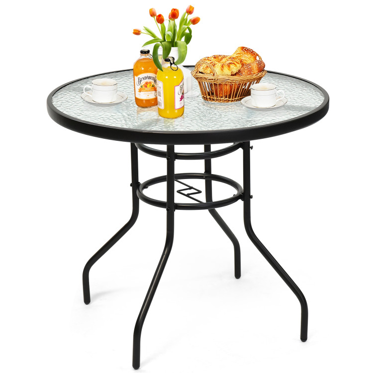 32 Inch Patio Tempered Glass Steel Frame Round Table with Convenient Umbrella HoleCostway Gallery View 8 of 9
