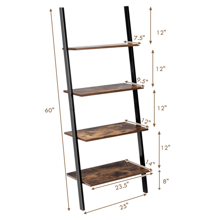 Multipurpose 4-Tier Industrial Leaning Wall Bookcase with Metal Frame-BrownCostway Gallery View 4 of 12