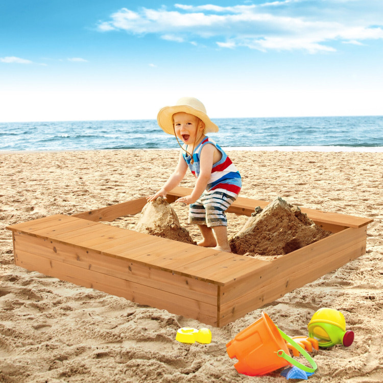 Kids Wooden Sandbox with Bench Seats and Storage BoxesCostway Gallery View 6 of 10