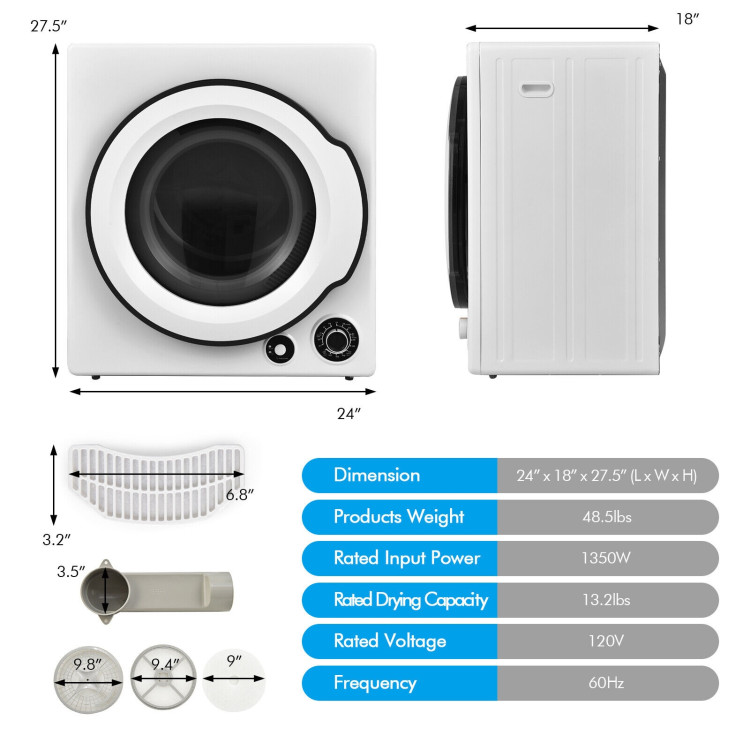 Compact Electric Tumble Laundry Dryer with Stainless Steel Tub-WhiteCostway Gallery View 4 of 10