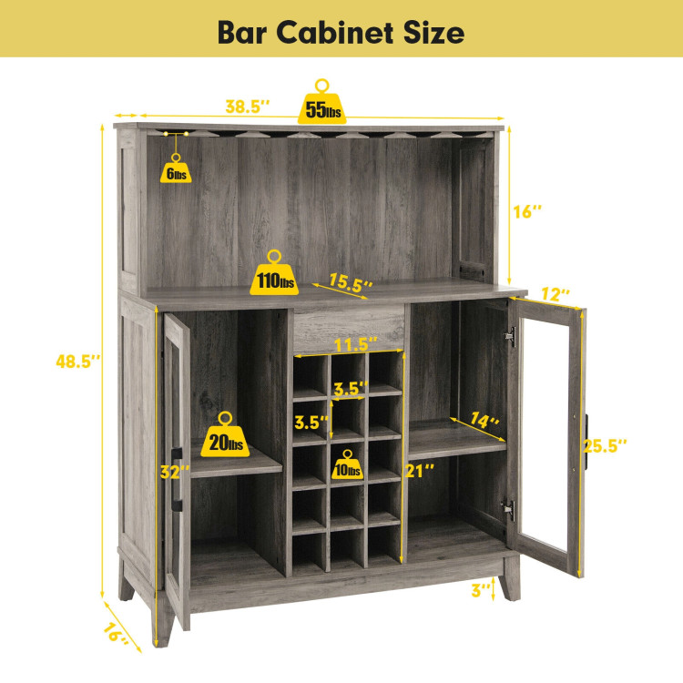 Storage Bar Cabinet with Framed Tempered Glass Door-GrayCostway Gallery View 4 of 10