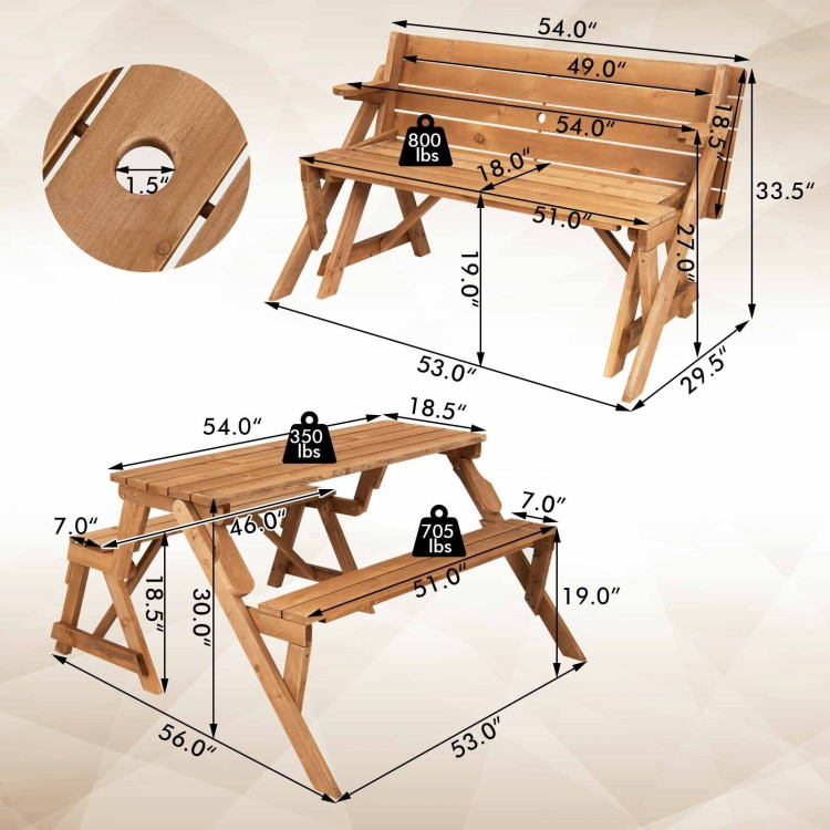 2-in-1 Transforming Interchangeable Wooden Picnic Table Bench with Umbrella Hole-Dark Golden BrownCostway Gallery View 4 of 11