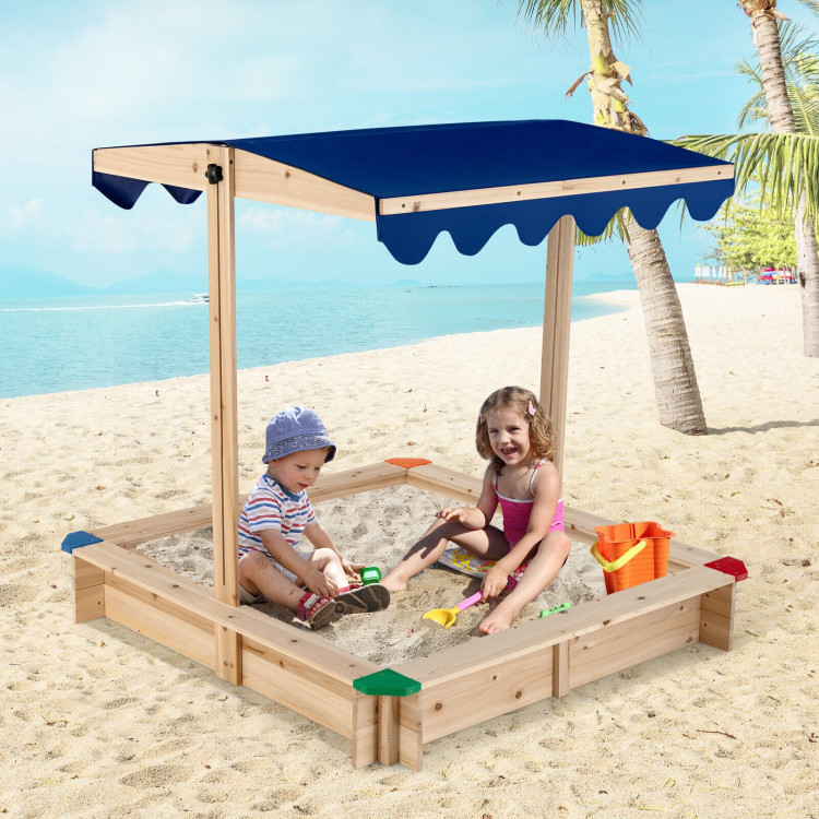 Kids Wooden Sandbox with Height Adjustable and Rotatable Canopy Outdoor PlaysetCostway Gallery View 2 of 12