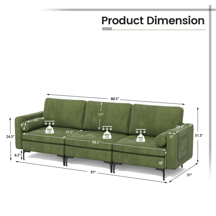 3-Seat Sofa Sectional with Side Storage Pocket and Metal Leg-Army GreenCostway Gallery View 5 of 10