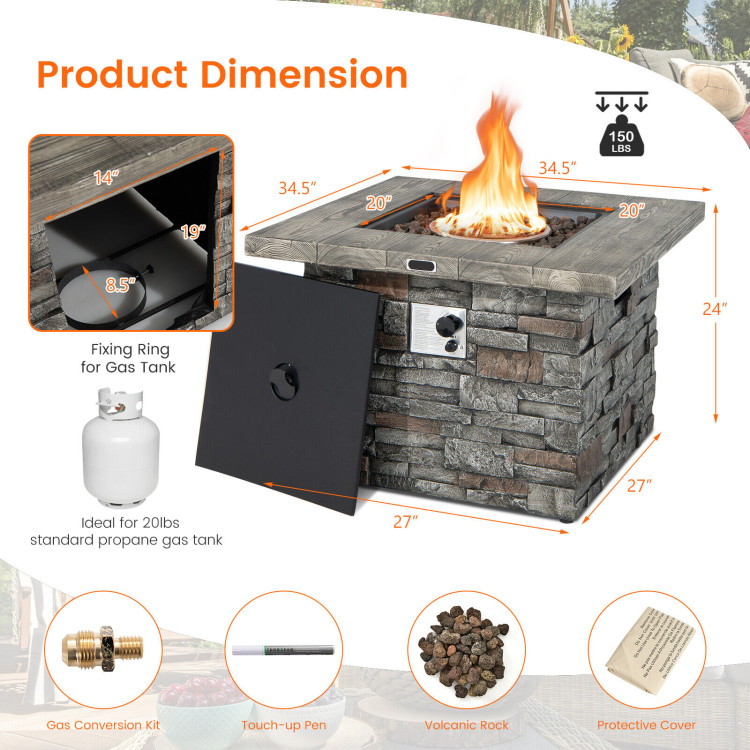34.5 Inch Square Propane Gas Fire Pit Table with Lava Rock and PVC Cover-GrayCostway Gallery View 4 of 11
