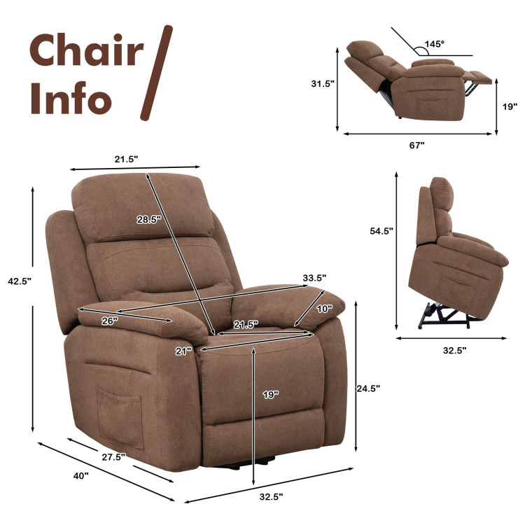 Power Lift Recliner Sofa with Side Pocket and Remote Control-BrownCostway Gallery View 5 of 12