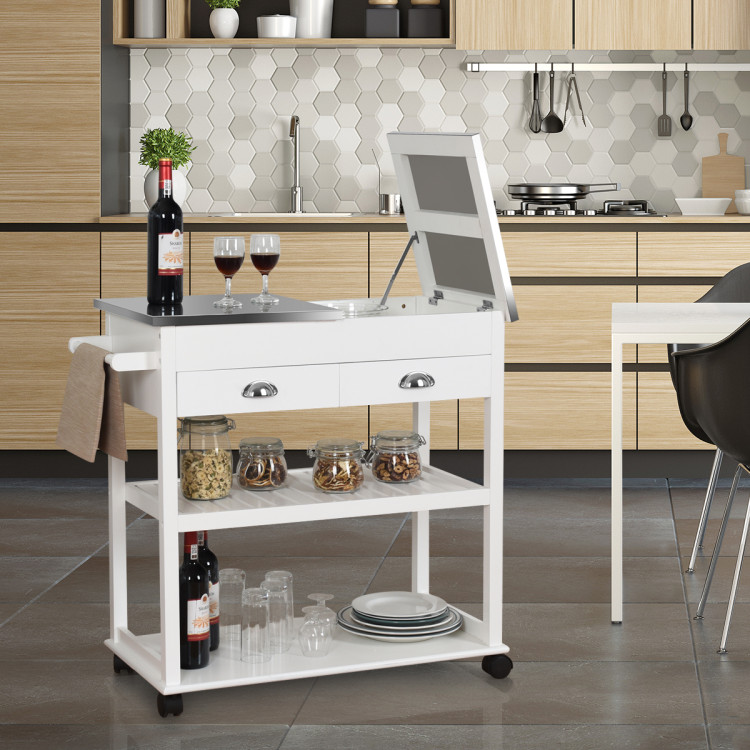 Stainless Steel Mobile Kitchen Trolley Cart With Drawers & Casters-WhiteCostway Gallery View 6 of 10