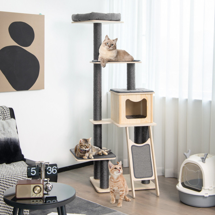 5-Tier Modern Wood Cat Tower with Washable Cushions-GrayCostway Gallery View 1 of 10