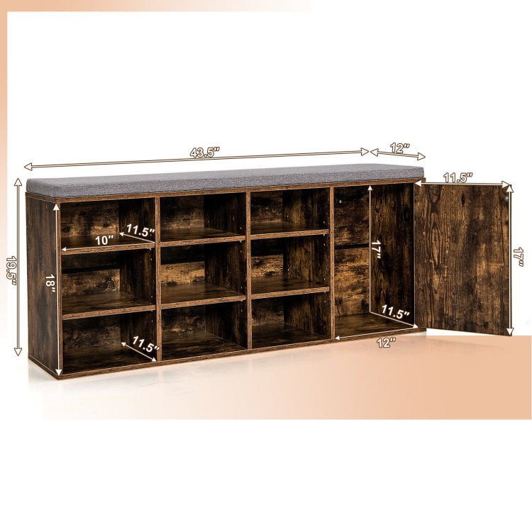 9-cube Adjustable Storage Shoe Bench with Padded Cushion-Rustic BrownCostway Gallery View 4 of 10