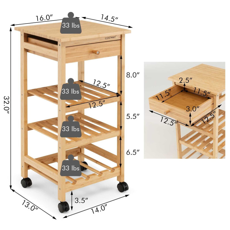 Bamboo Rolling Kitchen Trolley Cart with Drawer and Wine Rack-NaturalCostway Gallery View 4 of 10