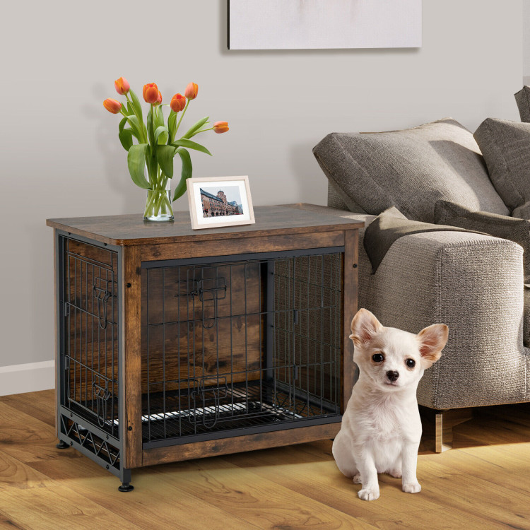 Wooden Dog Crate Furniture with Tray and Double Door-BrownCostway Gallery View 6 of 11