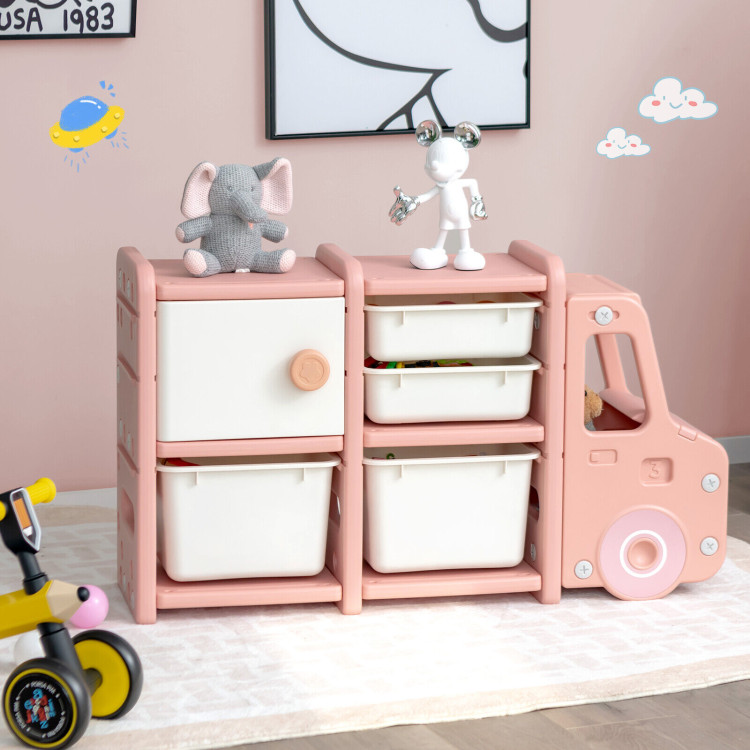 Toddler Truck Storage Organizer with Plastic Bins-PinkCostway Gallery View 6 of 11