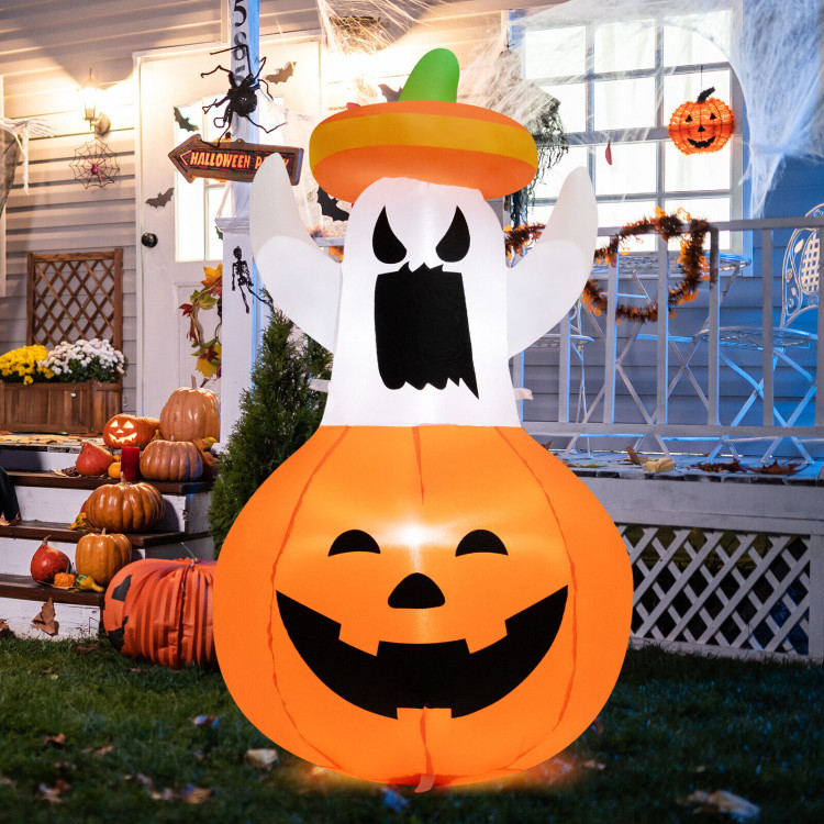 Inflatable Halloween Ghost Decoration with Hat and Pumpkin LanternCostway Gallery View 6 of 10