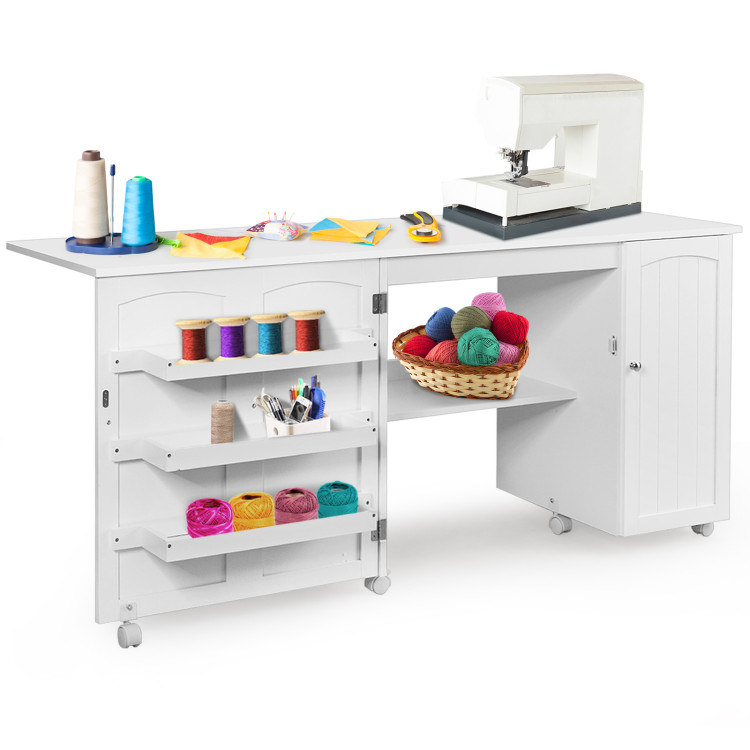 Folding Sewing Table Shelves Storage Cabinet Craft Cart with Wheels-WhiteCostway Gallery View 8 of 10