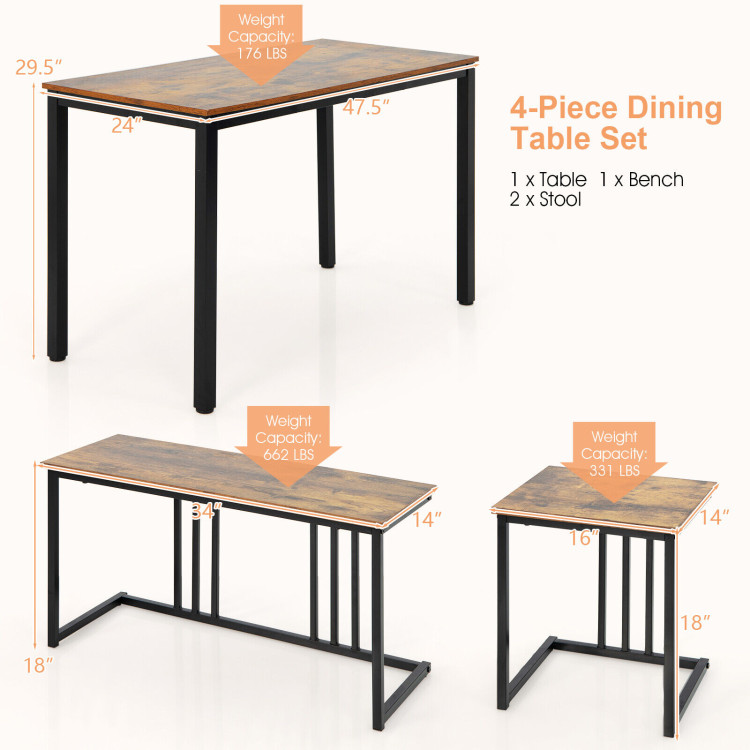 4 Pieces Industrial Dining Table Set with Bench and 2 Stools-BrownCostway Gallery View 4 of 10