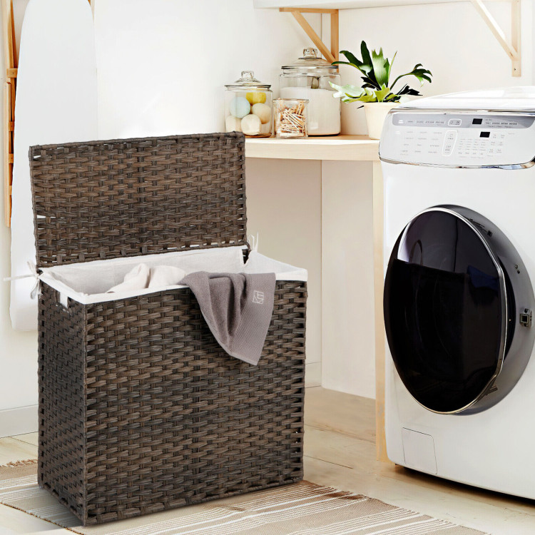 10L 3-Section Laundry Hamper with Liner Bag and Handle-BrownCostway Gallery View 2 of 10