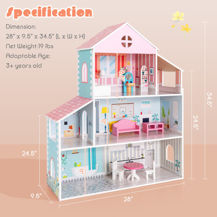 3-Tier Toddler Doll House with Furniture Gift for Age over 3Costway Gallery View 4 of 11