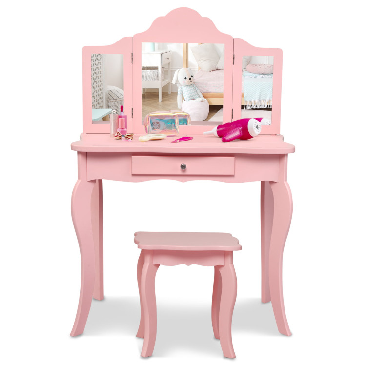 Kids Makeup Dressing Mirror Vanity Table Stool Set-PinkCostway Gallery View 8 of 10