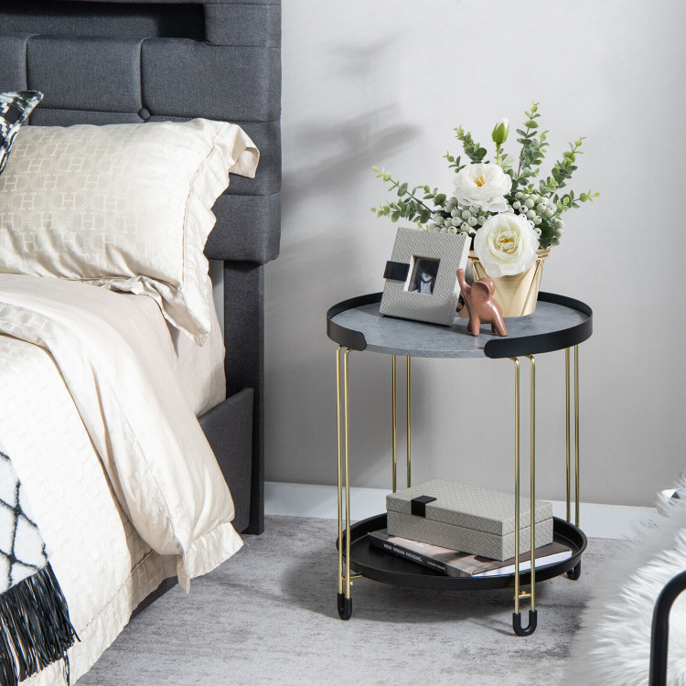 2-Tier Round Side Table with Removable Tray and Metal Frame for Small Space-GoldenCostway Gallery View 2 of 10