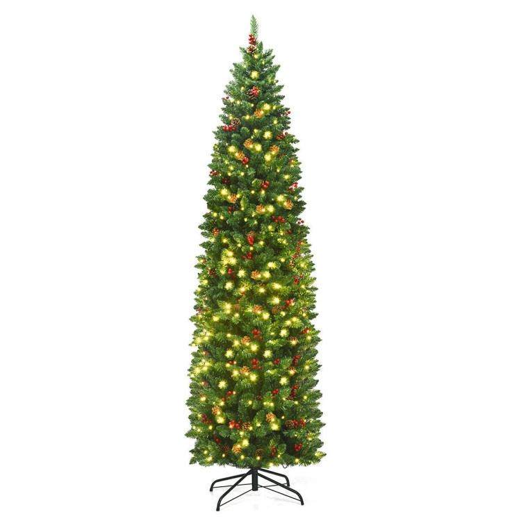7.5 Feet Pre-lit Hinged Pencil Christmas Tree with Pine Cones Red BerriesCostway Gallery View 1 of 10